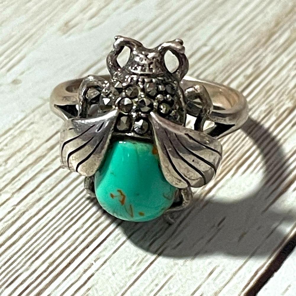Beetle turquoise/marcasite925 sterling silver ring